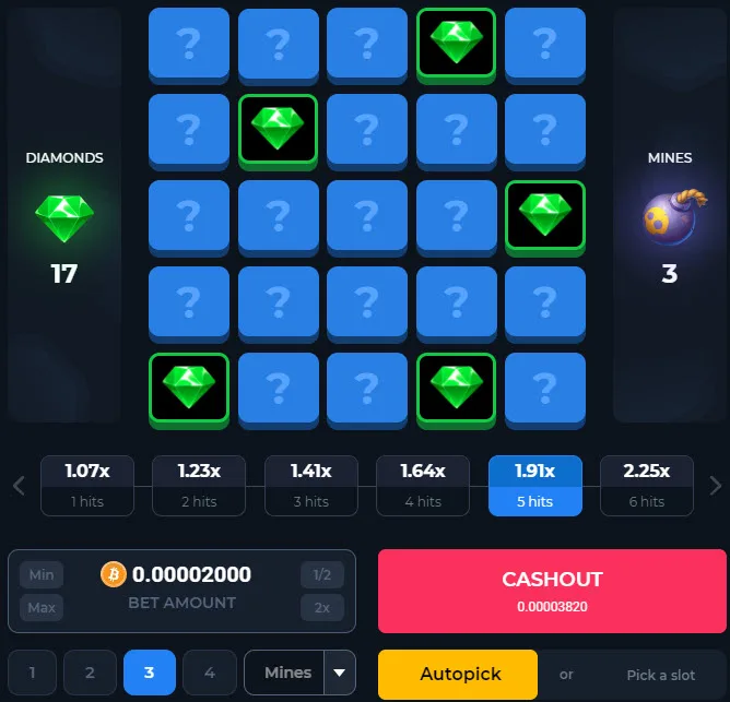 Mines dynamic probability scaling per tile revealed and cashout thresholds